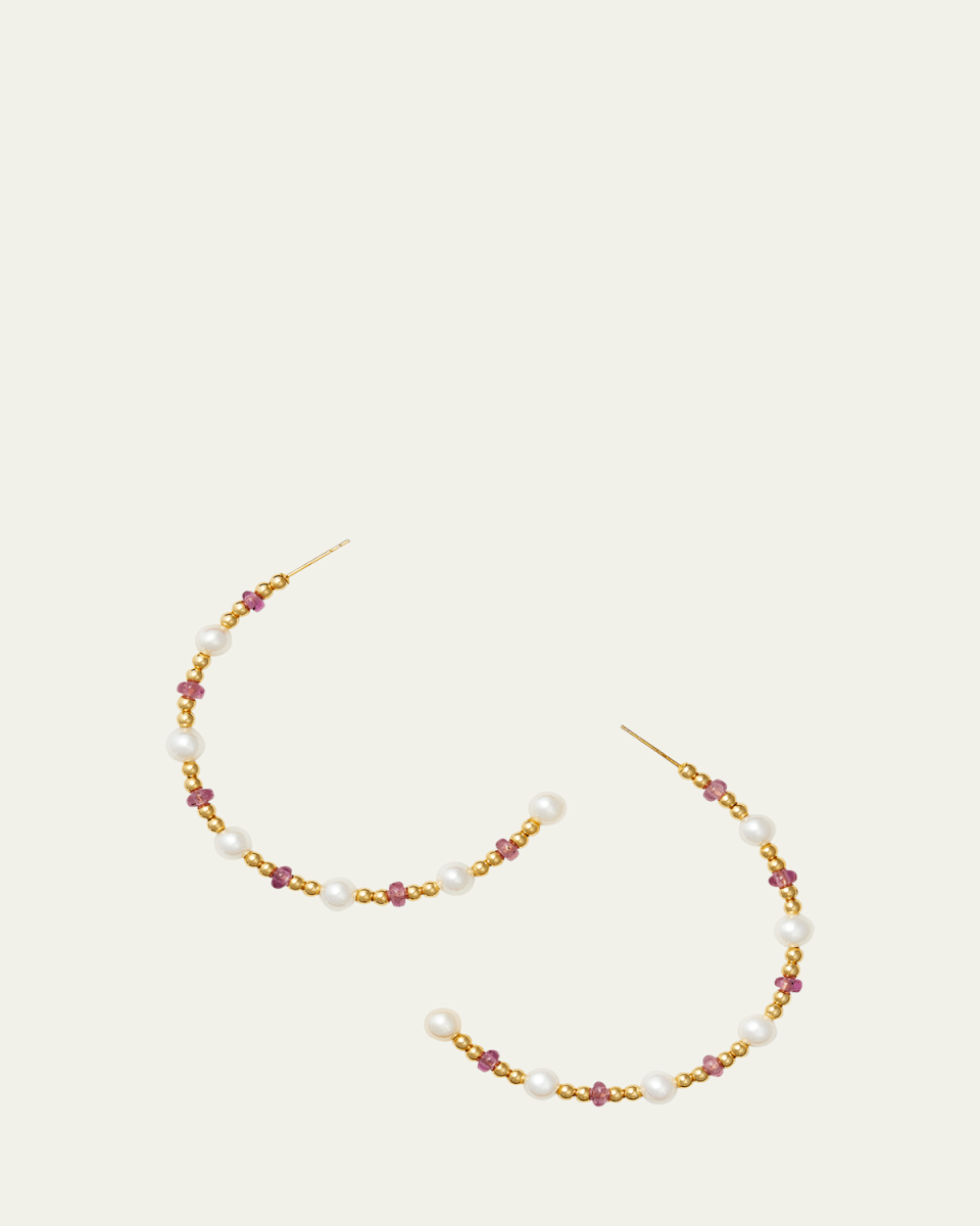 18K Yellow Gold Coralline Ruby and Pearl Beaded Hoop Earrings